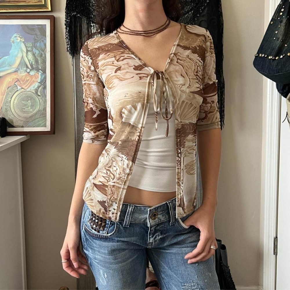 Sandrea Vintage 90s Renaissance Angel Print Sheer Tie Front Mesh Top Brown